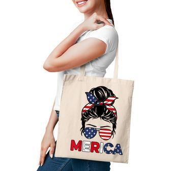 Merica Mom Girl American Flag Messy Bun Hair 4Th Of July Usa V2 Tote Bag - Seseable