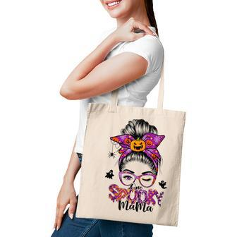 One Spooky Mama For Halloween Messy Bun Mom Monster Bleached V6 Tote Bag - Seseable