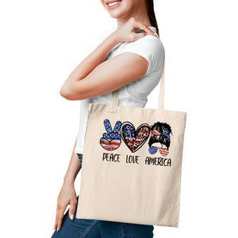 Peace Love America Messy Bun American Flag Funny 4Th Of July Tote Bag - Seseable