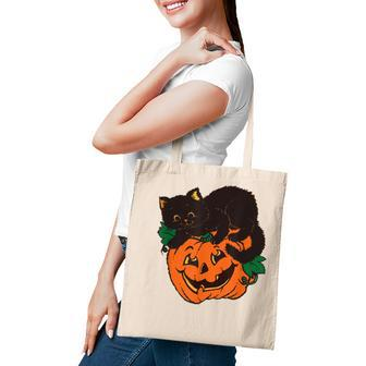Pumpkin And Black Cat Halloween Vintage Costume Tote Bag - Seseable
