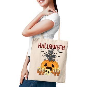 Scary Pumpkin And Vampire Bat Cat Halloween Trick Or Treat Tote Bag - Seseable