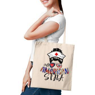 Stna All American Nurse Messy Buns Hair 4Th Of July Day Usa Tote Bag - Seseable