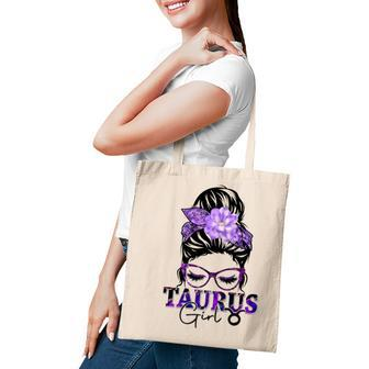 Taurus Girl Birthday Messy Bun Hair Purple Floral Tote Bag - Seseable