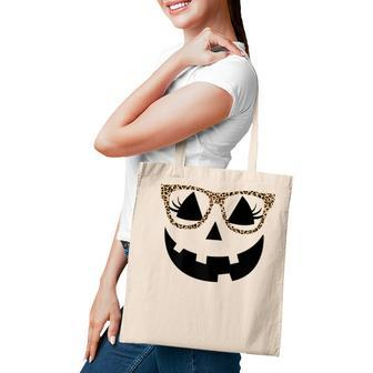 Womens Pumpkin Face Leopard Glasses With Eyelashes Halloween Tote Bag - Seseable