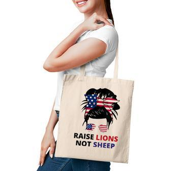 Womens Raise Lions Not Sheep American Flag Sunglasses Messy Bun V-Neck Tote Bag - Seseable