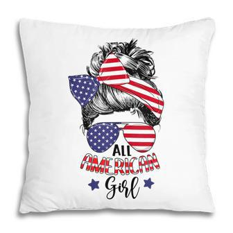All American Girl Messy Bun Usa Flag Patriotic 4Th Of July V2 Pillow - Seseable