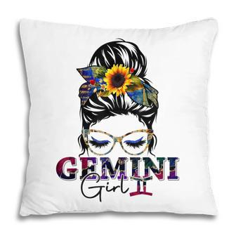 Gemini Girl Birthday Messy Bun Hair Sunflower Pillow - Seseable