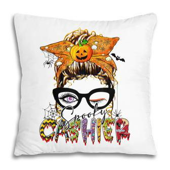 Halloween Spooky Cashier Messy Bun Glasses Spooky Pillow - Seseable
