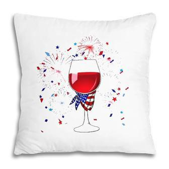 Happy 4Th Of July Us Flag Wine Glass And Fireworks Celebration Pillow - Seseable