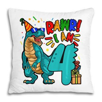 Kids 4Th Birthday Boy Dinosaur Rawr I Am 4 Years Old Pillow - Seseable