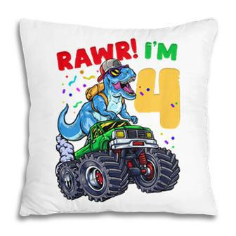 Kids 4Th Birthday Monster Truck Dinosaur T-Rex Four Pillow - Seseable