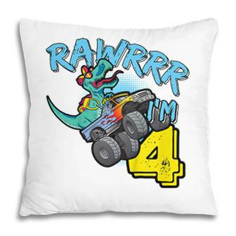 Kids Rawr Im 4 4Th Birthday Monster Truck T-Rex Dinosaur Pillow - Seseable