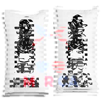 Merica Mom Girl American Flag Messy Bun Hair 4Th Of July Usa V2 Pillow - Seseable