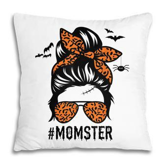 Mom Messy Bun Halloween Leopard Womens Momster Funny Spooky Pillow - Seseable