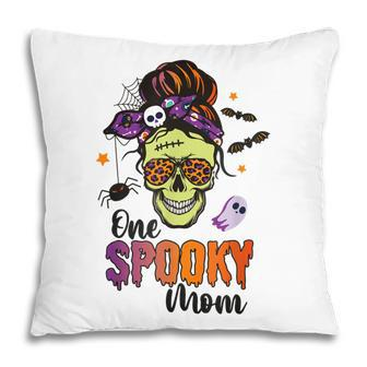 One Spooky Mama Mom Halloween Skull Messy Hair Bun Mother Pillow - Seseable