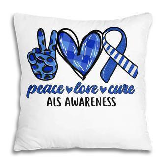 Peace Love Cure Blue & White Ribbon Als Awareness Month V2 Pillow - Seseable