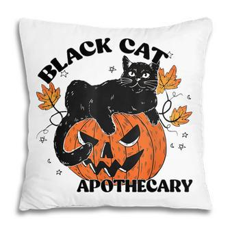 Retro Black Cat Apothecary And Pumpkin Halloween Vintage Pillow - Seseable