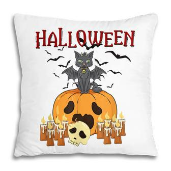 Scary Pumpkin And Vampire Bat Cat Halloween Trick Or Treat Pillow - Seseable