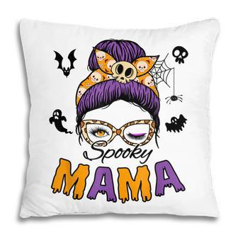 Skull Messy Bun Halloween Spooky Mama Mom Halloween Pillow - Seseable