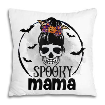 Spooky Mama Funny Halloween Mom Messy Bun Spooky Vibes Pillow - Seseable