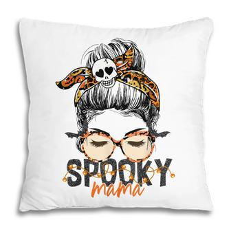 Spooky Mama Halloween Costume Skull Mom Leopard Messy Bun Pillow - Seseable