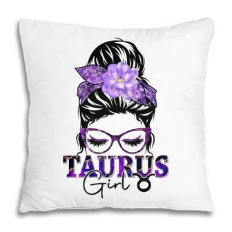 Taurus Girl Birthday Messy Bun Hair Purple Floral Pillow - Seseable