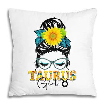 Taurus Girl Birthday Messy Bun Hair Sunflower Pillow - Seseable