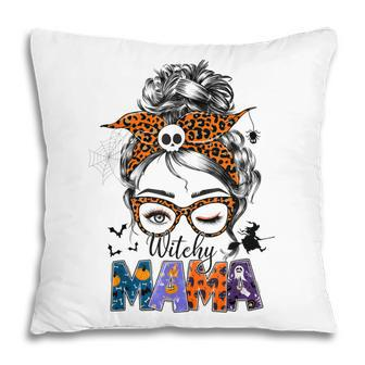 Witchy Mama Halloween Messy Bun Skull Witch Mom Women Spooky Pillow - Seseable