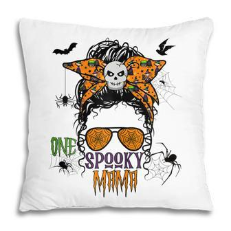 Womens Halloween Messy Bun One Spooky Mama Pillow - Seseable