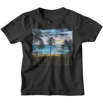 Curacao Vintage Palm Trees Surfer Caribbean Souvenir Gray Kinder Tshirt - Seseable