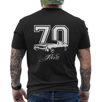 1970 Chevy Nova Three Quarter Angle View With Year And Model Name Dark Color Mens Back Print T-shirt - Thegiftio UK
