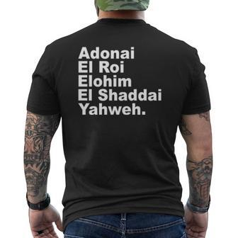 Adonai El Roi Elohim El Shaddai Yahweh Mens Back Print T-shirt - Thegiftio UK
