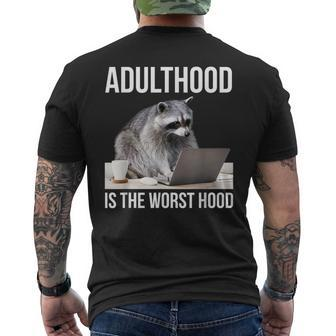 Adulthood Is The Worst Hood Raccoon Meme Office Worker Men's T-shirt Back Print - Monsterry UK