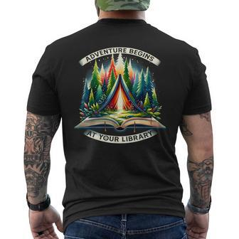 Adventure Begins At Your Library Outdoor Activities Reading Men's T-shirt Back Print - Monsterry