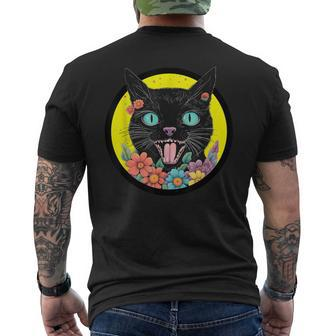 Aesthetic Vintage Black Cat Colorful Blooming Flowers Gothic Men's T-shirt Back Print - Monsterry