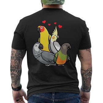 African Grey Cockatiel Sun Conure Senegal Parrot With Hearts Men's T-shirt Back Print - Monsterry
