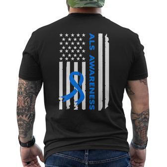 Als Awareness Blue Ribbon American Flag Men's T-shirt Back Print - Monsterry CA