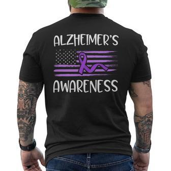 Alzheimer's Disease Awareness Purple Ribbon American Flag Men's T-shirt Back Print - Monsterry