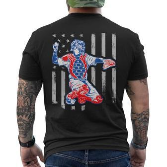 American Baseball Catcher Usa Vintage Flag 4Th Of July Boys Men's T-shirt Back Print - Monsterry DE