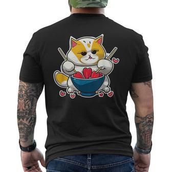Anime Cat Eating Ramen Noodles With Hearts Valentines Day Men's T-shirt Back Print | Seseable CA