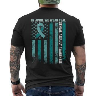 In April We Wear Teal Sexual Assault Awareness American Flag Men's T-shirt Back Print - Seseable
