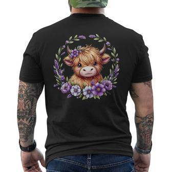 Baby Highland Cow With Purple Flowers Scottish Farm Men's T-shirt Back Print - Monsterry AU