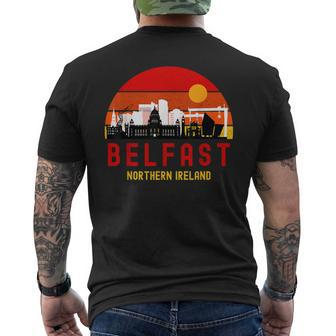 Belfast Northern Ireland Skyline On A Retro Sunset Men's T-shirt Back Print - Thegiftio UK