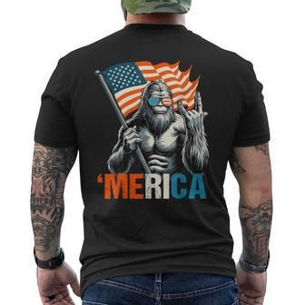 Bigfoot Merica Rock American Flag Patriotic 4Th Of July Men's T-shirt Back Print - Monsterry