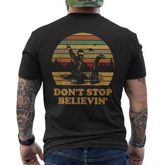 Bigfoot Riding Loch Ness Monster Don't Stop Believing Vintag Men's T-shirt Back Print - Monsterry