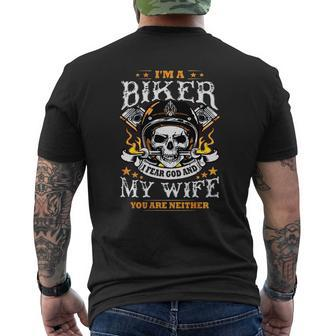 Biker Motorcycle Shirts For Husband Im A Biker I Fear God And My Wife You Are Neither Mens Back Print T-shirt - Thegiftio