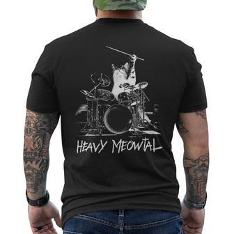 Black And White Heavy Meowtal Music Rock Drummer Cat Kitten Men's T-shirt Back Print - Monsterry