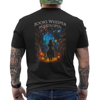 Bookish Quote Books Whisper Worlds Open Reading Book Men's T-shirt Back Print - Seseable