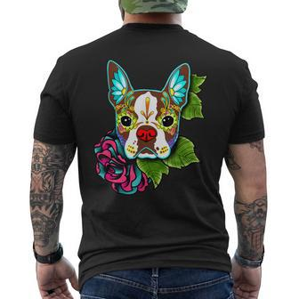 Boston Terrier In Red Day Of The Dead Sugar Skull Dog Men's T-shirt Back Print - Monsterry CA