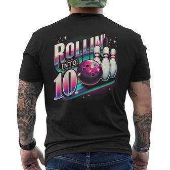 Bowling Birthday Rollin Into 10 Party 10Th Bday Retro Girl Men's T-shirt Back Print | Mazezy